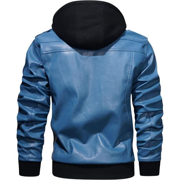 Men’s Blue Casual Stand Collar Pu Faux Leather Motorcycle Bomber Jacket - Picture 5 of 5